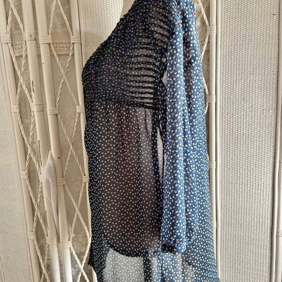 Zara TRF Blouse Pleat Front Dark Blue Yellow Polka Dot Sheer Airy size Large - Picture 5 of 16